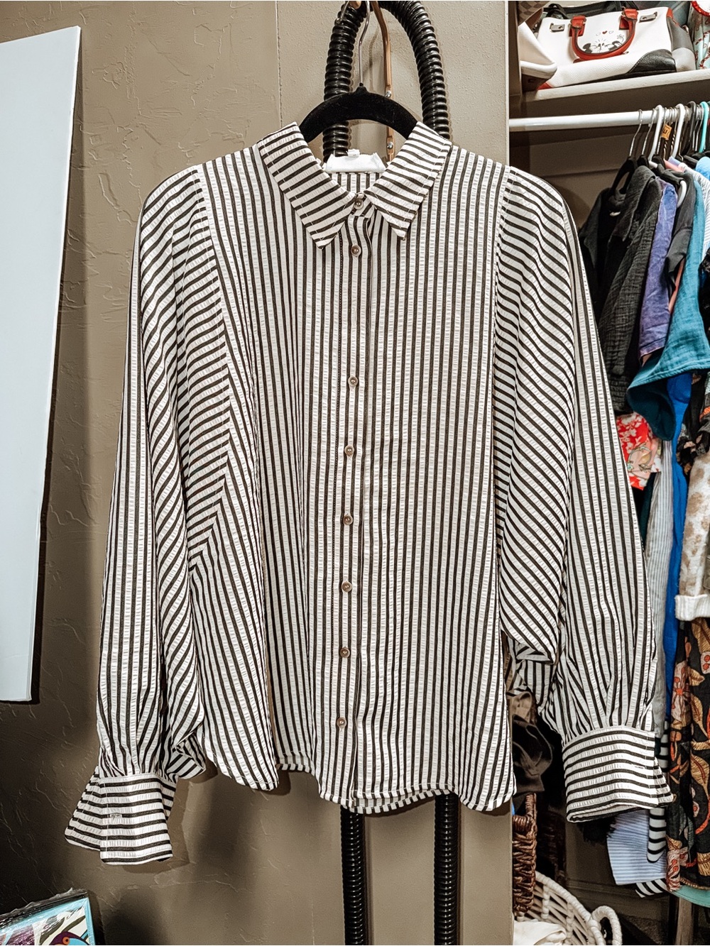 Balloon Sleeve Button Down Striped Shirt